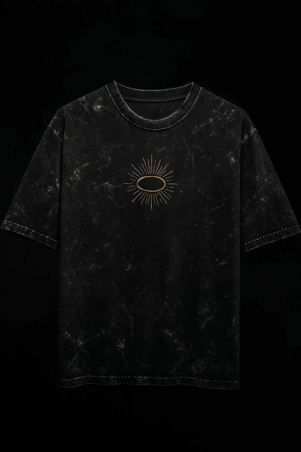Black acid wash oversized t-shirt with celestial graphic, featuring a glowing halo design on a heavyweight cotton fabric.