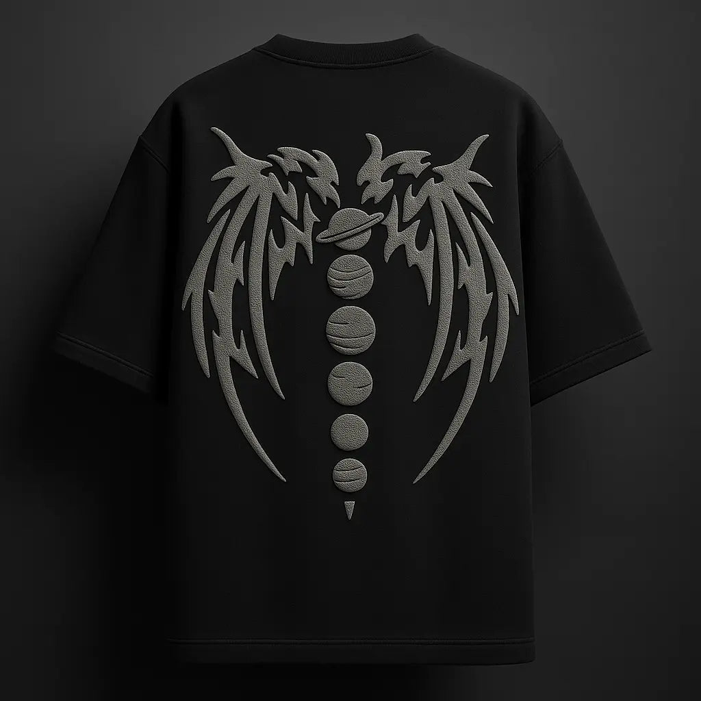 Stylish oversized black tee with grey puff tribal and planetary graphic on the back, made from premium cotton.