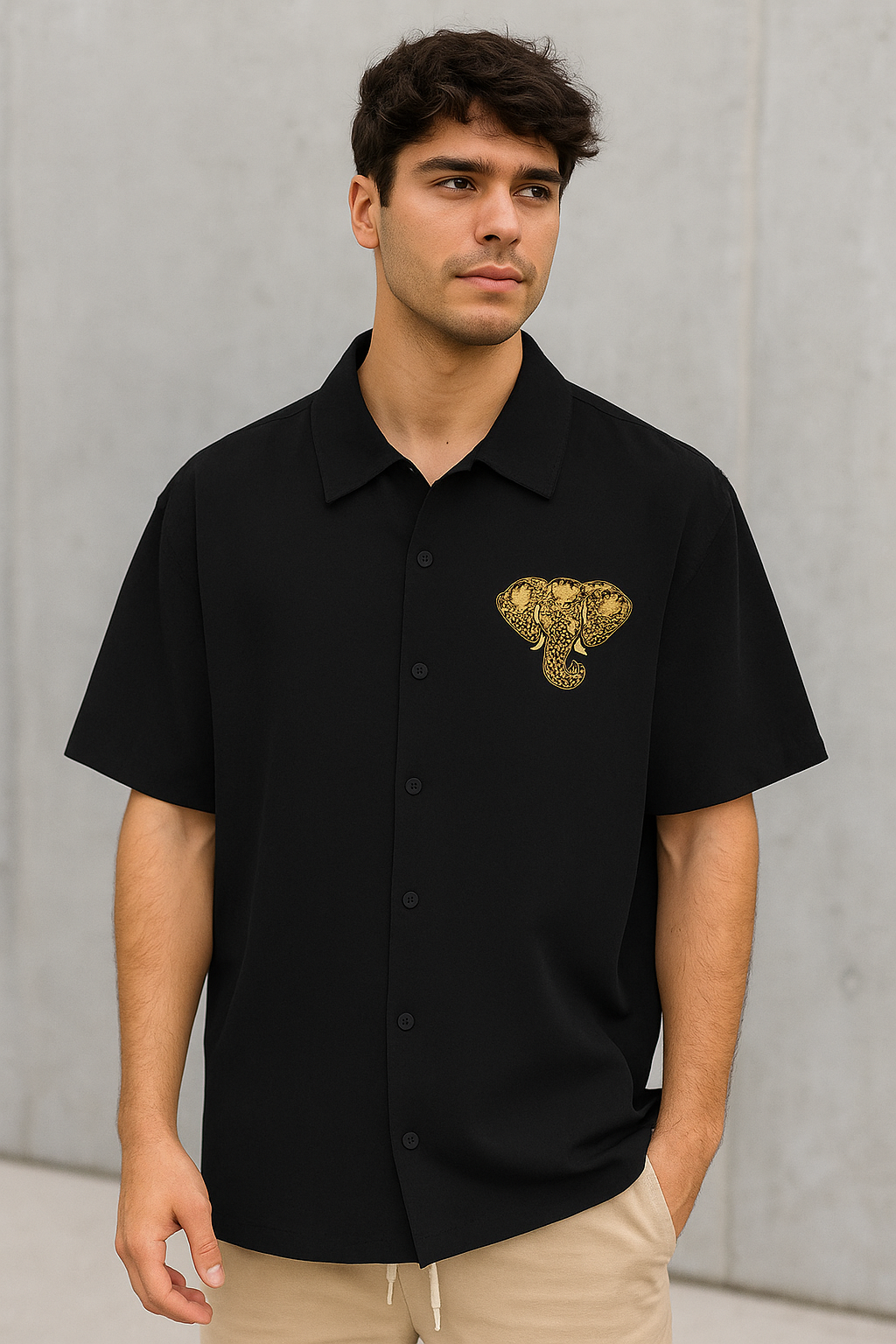 male model wearing luxe cotton oversized black shirt