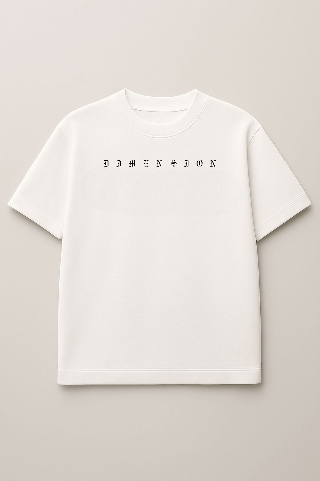 Oversized white t-shirt with bold 'DIMENSION' print, crafted from premium cotton, featuring portal dimension design.