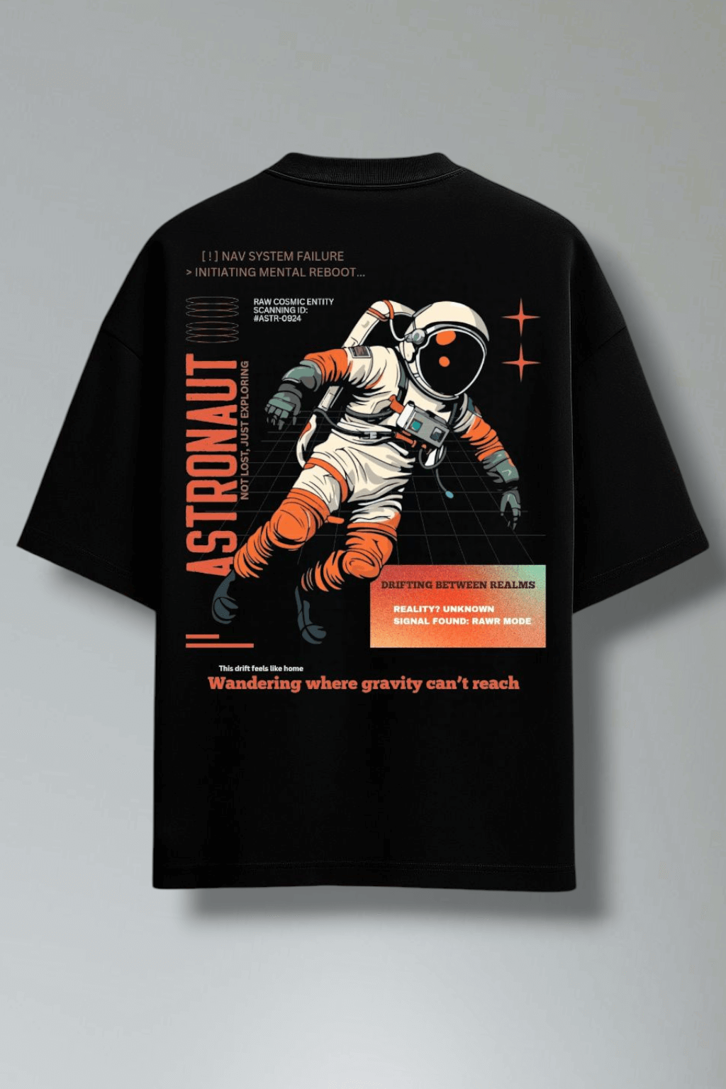 Cosmic Drifter Reloaded – Astronaut oversized black terry cotton T-shirt Rawripple