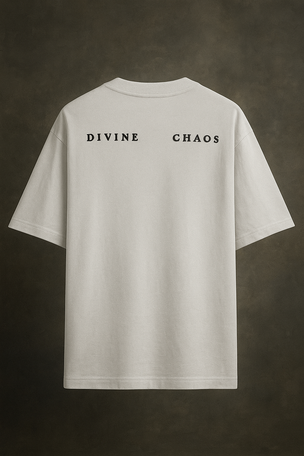 DIVINE CHAOS bold puff backprinted Rawripple's oversized 240 gsm cotton white T-shirt