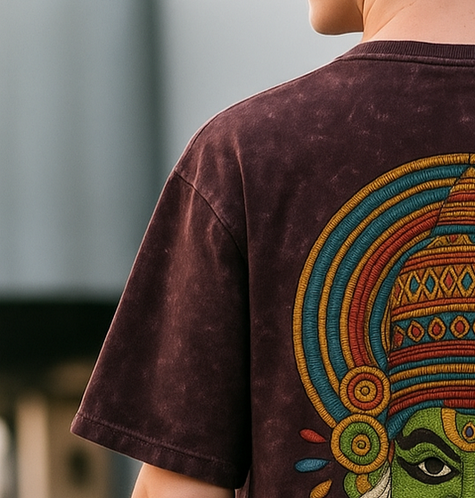 Oversized Acid wash T-shirt feaaturing  Indian classical kathakali Face Graphic 