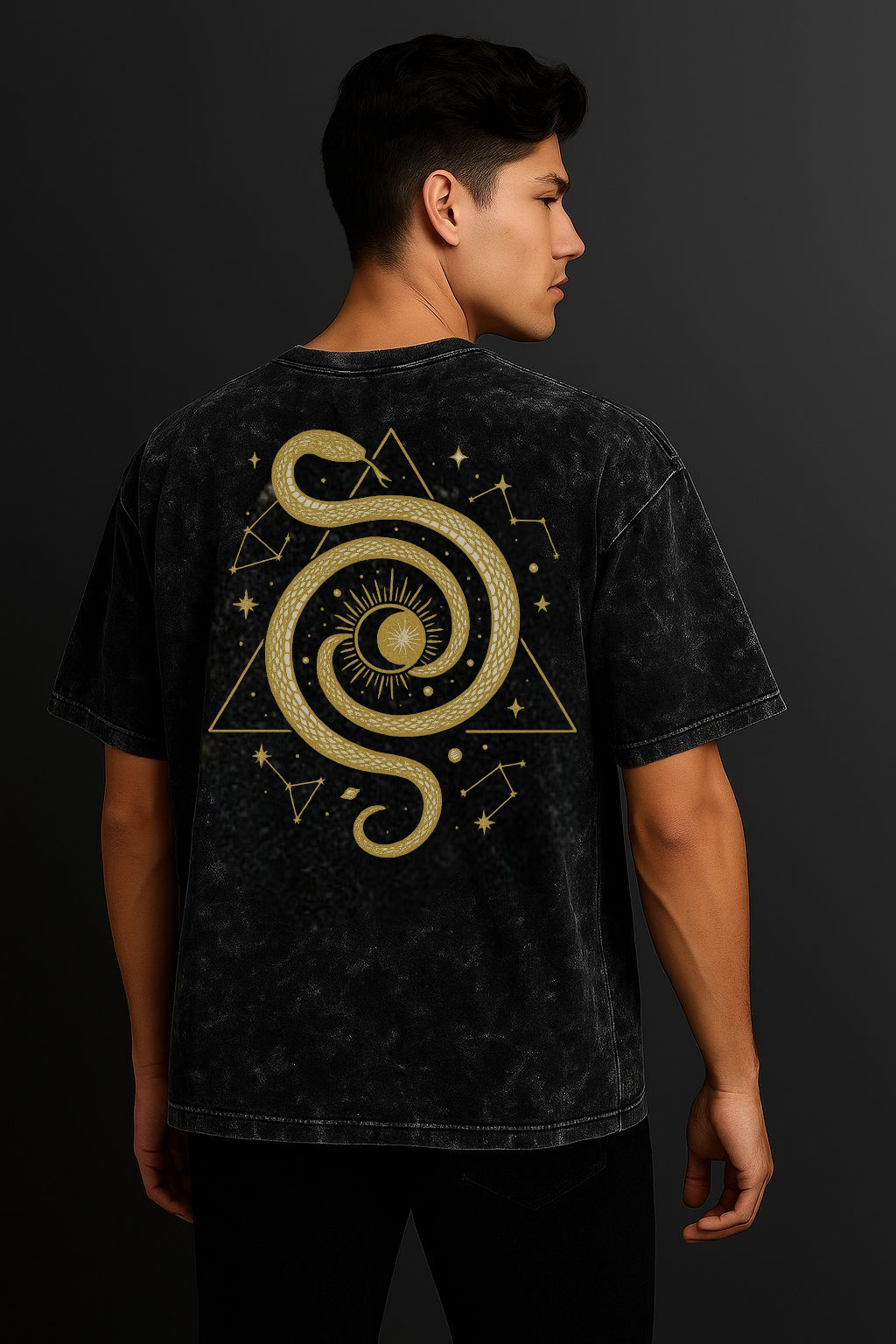 a proffessional male model wearing snake galaxy design on black acidwash tshirt from rawripple