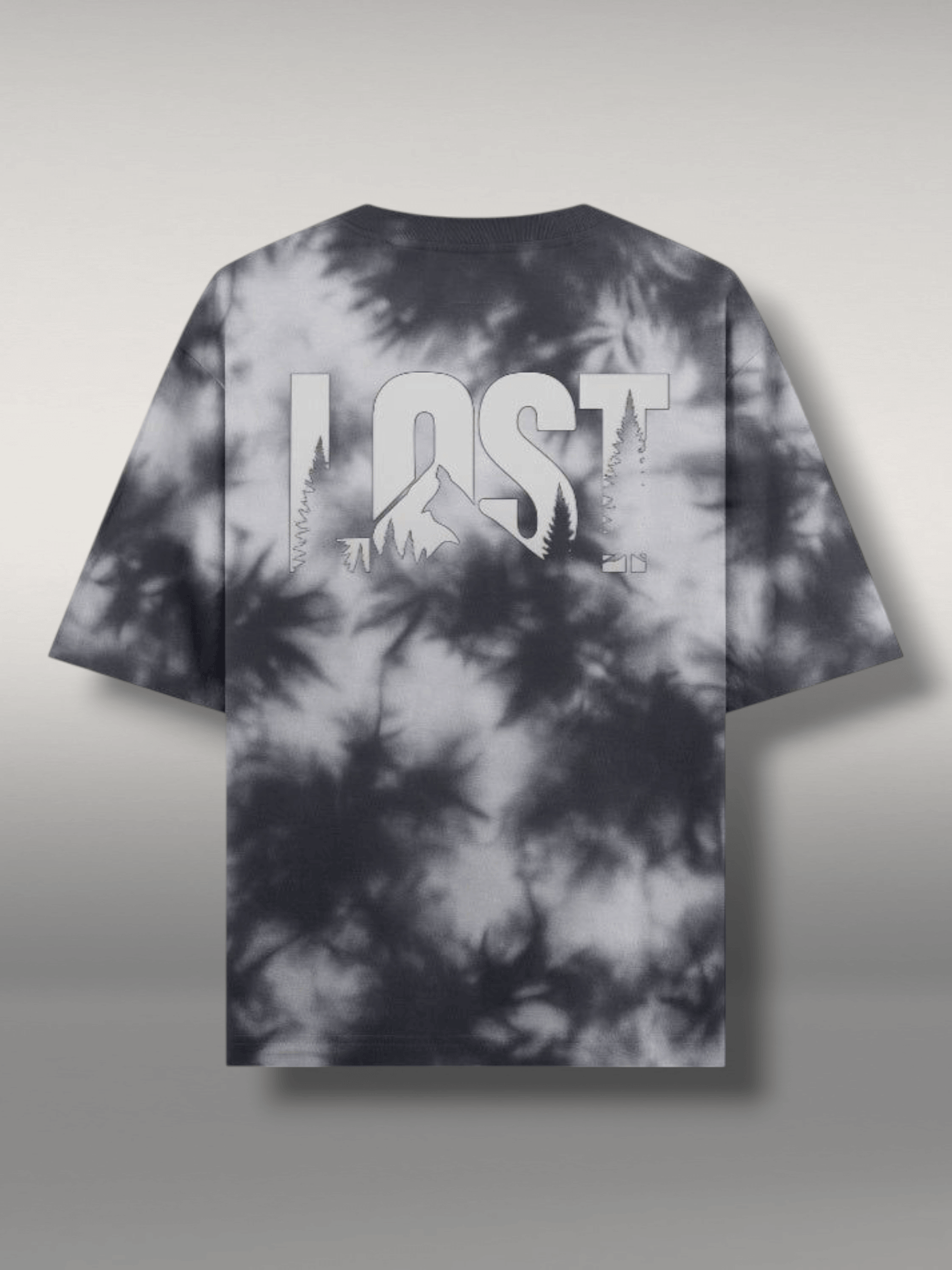 Wilderness Lost oversized tee in black-and-grey tie-dye with bold 'LOST' graphic, crafted from premium French terry cotton.