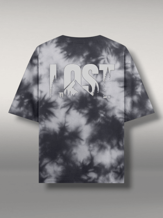 Wilderness Lost oversized tee in black-and-grey tie-dye with bold 'LOST' graphic, crafted from premium French terry cotton.
