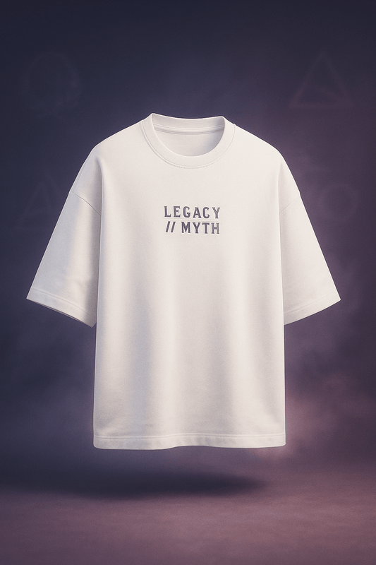WORN LEGACY oversized white French Terry cotton t-shirt featuring LEGACY // MYTH graphic.