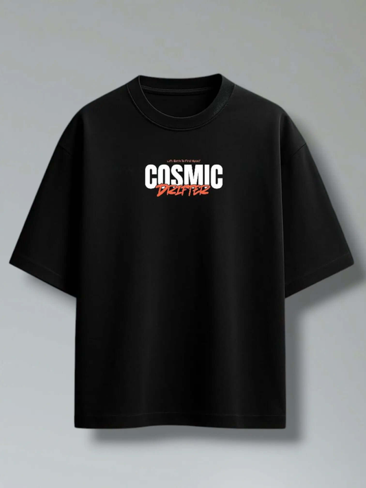Oversized black t-shirt made of French terry cotton featuring 'Cosmic Drifter' logo for a space-inspired look.