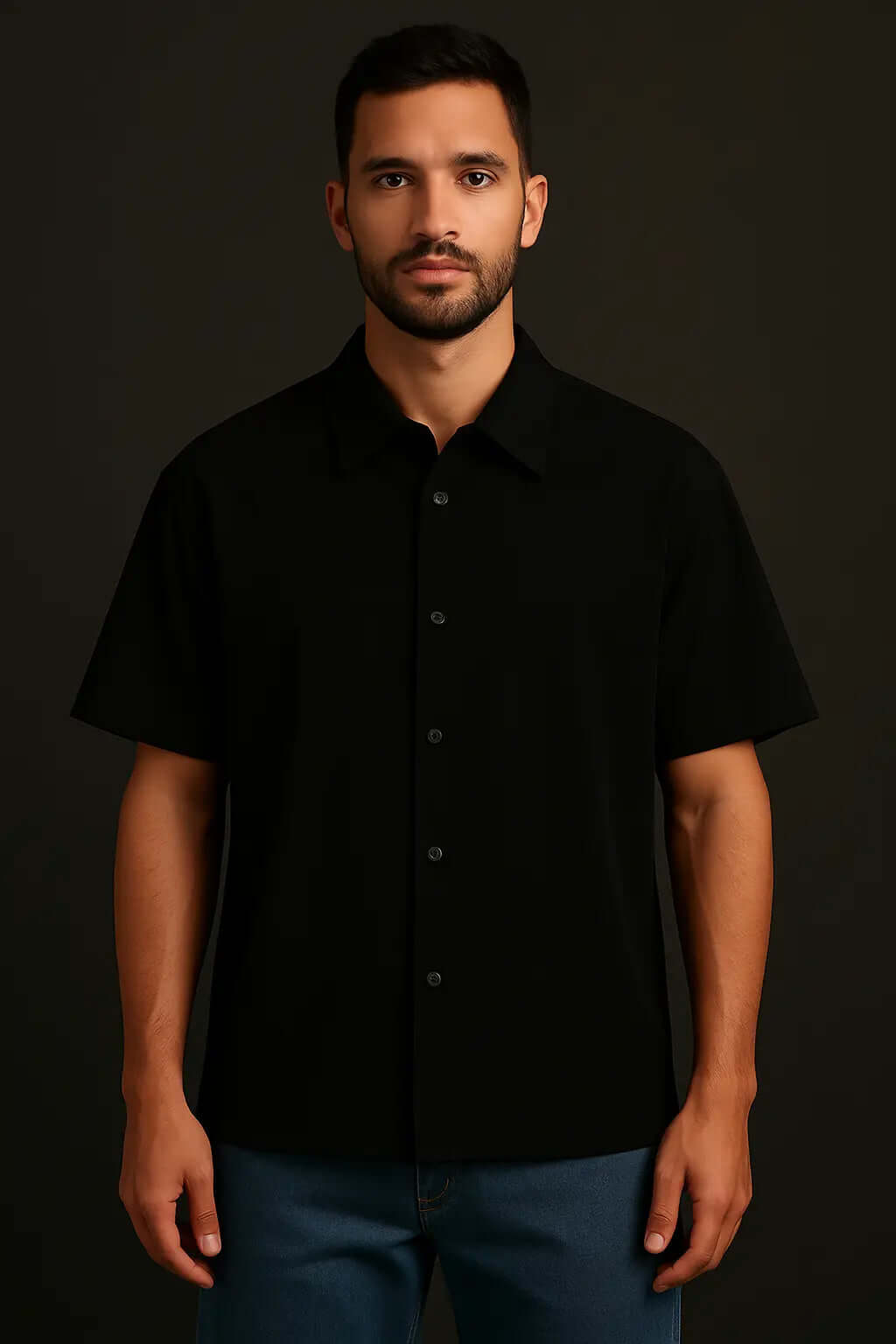 Stylish male model wearing a luxe oversized black shirt, perfect for a trendy casual look.