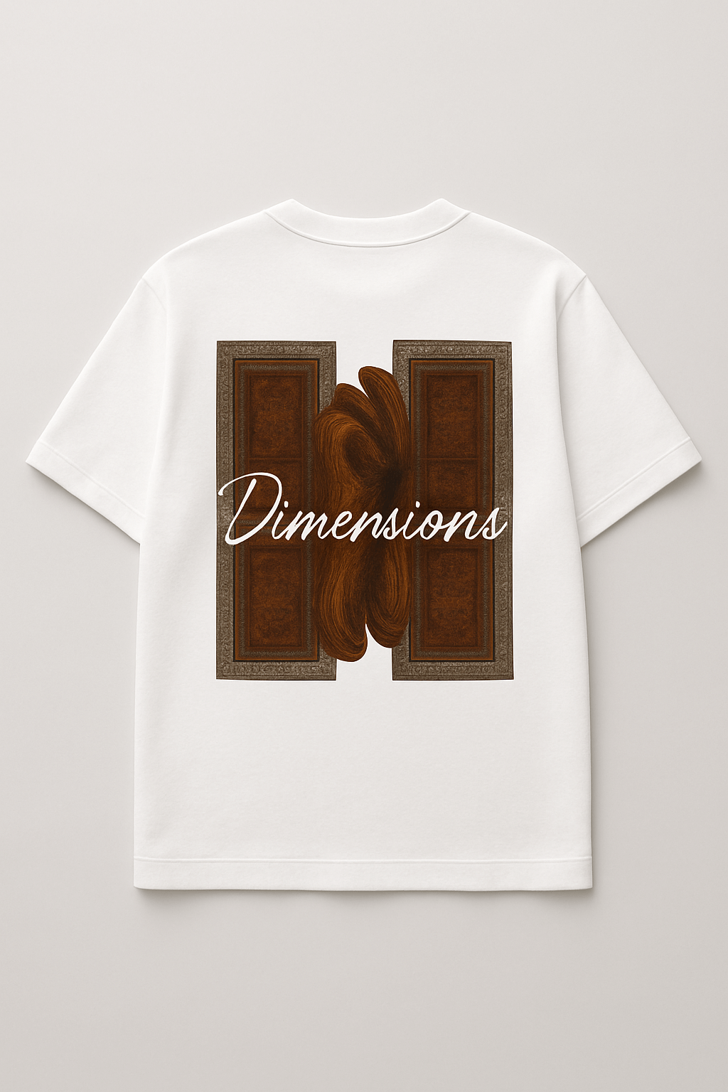 White oversized t-shirt featuring a dimensional portal graphic and stylish 'Dimensions' text on the back.