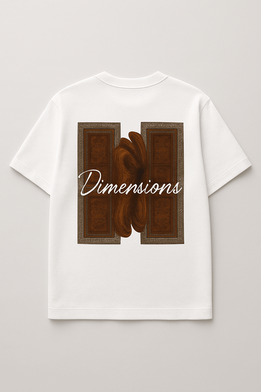 White oversized t-shirt featuring a dimensional portal graphic and stylish 'Dimensions' text on the back.
