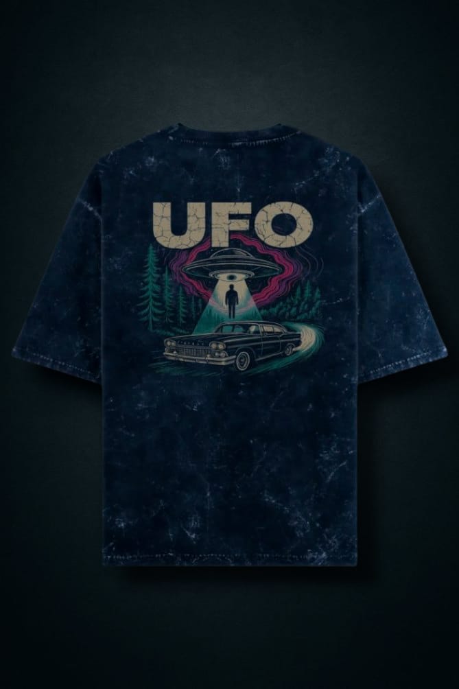 UFO  Drip - Oversized  Acid wash Navy Blue T-shirt ,a ufo absorbing human ,cosmic theme