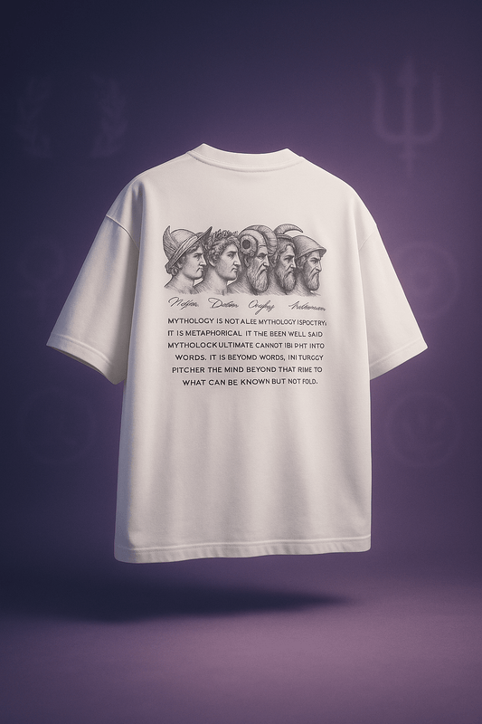 Oversized white tee in French Terry cotton featuring mythological artwork and poetic inscription on the back.