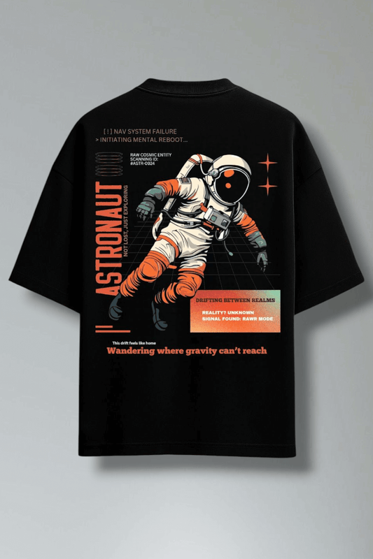 Cosmic Drifter Reloaded – Astronaut oversized black terry cotton T-shirt Rawripple