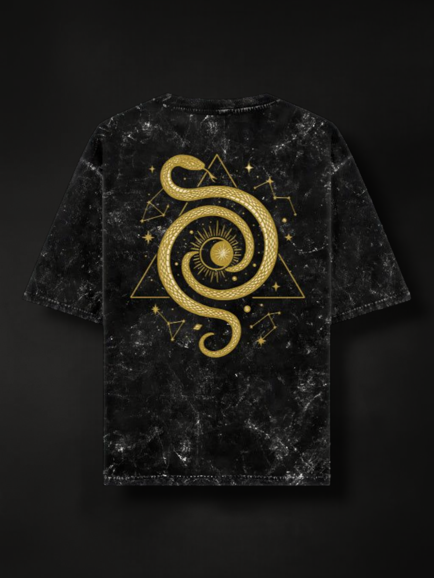 oversized black acidwash tshirt with serpent and sun with celestial design