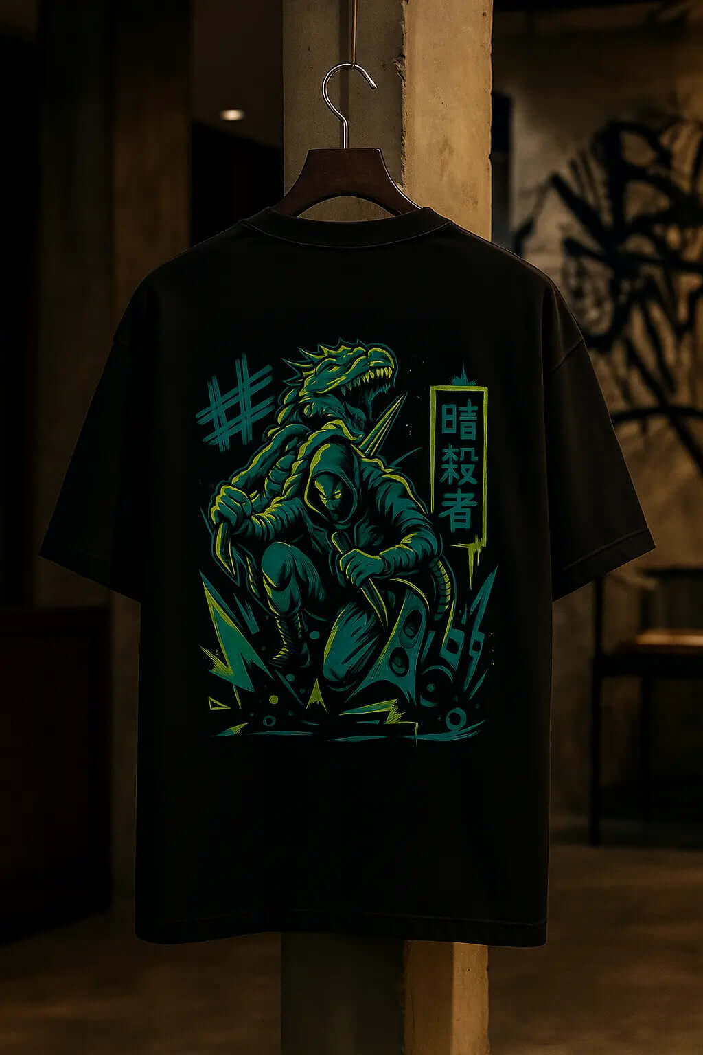 Neon Slayer oversized black tshirt with cyber-dragon design, crafted from premium French terry cotton.