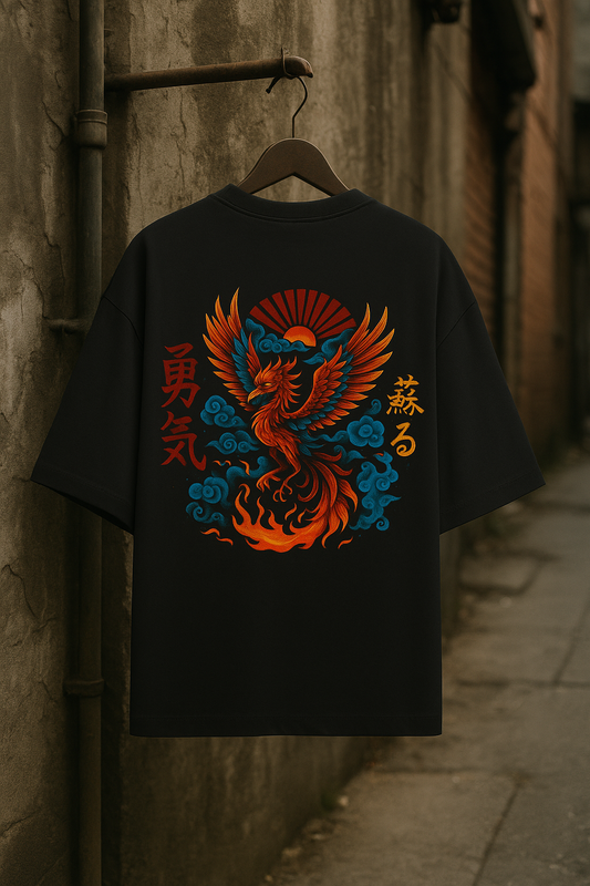 premium oversized  black  french terry cotton with phoenix rising from fire on back ,ultra premium T-shirt