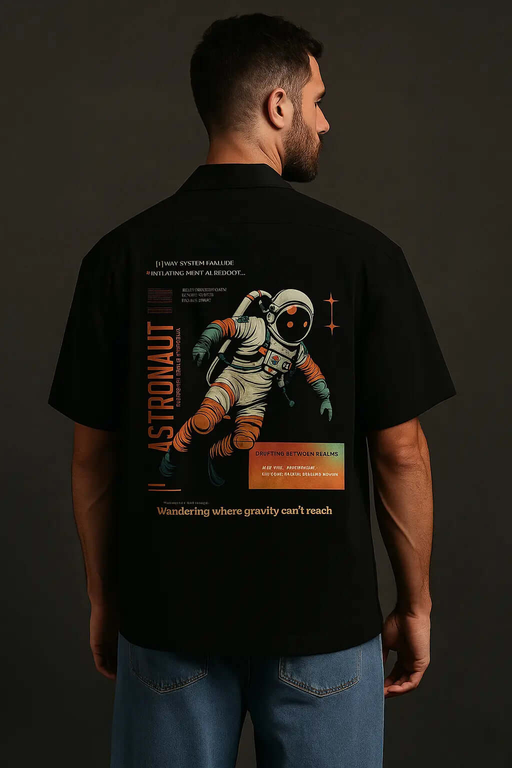Man wearing an oversized black shirt with a colorful astronaut design on the back, showcasing a cosmic theme.