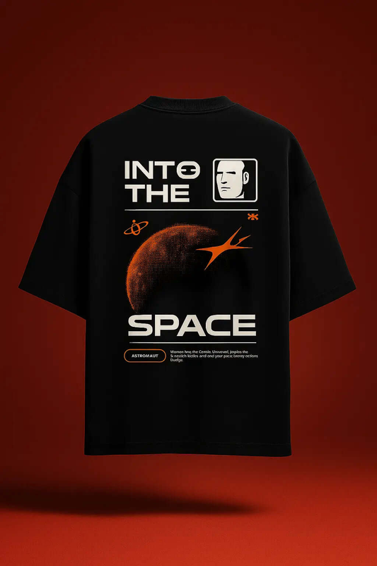 Oversized black t-shirt with space-themed graphic design, featuring "INTO THE SPACE" and astronaut details.
